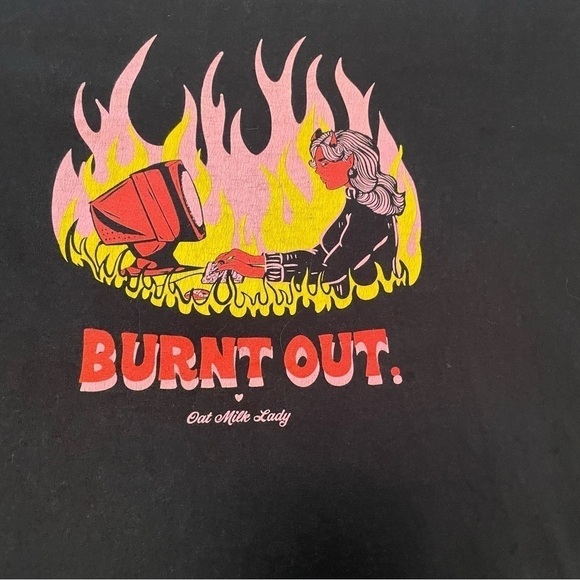 Burnt Out Crew Neck Pullover Tshirt- By Oat Milk Lady - Size XL - Picture 1 of 7